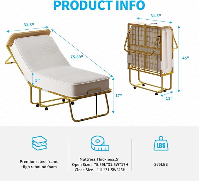 Mjkone Folding Bed with 5" Memory Foam Mattress & Upgraded 75x31 Frame Single Portable Guest Bed, Space-Saving Design, Lockable Wheels for Easy Moving, Quick Assembly & Compact Storage