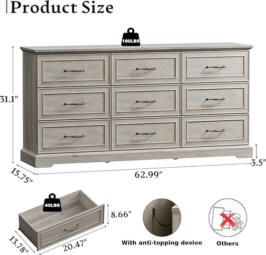 Farmhouse 9 Drawers Dresser for Bedroom, 63" Wide Modern Chest of Drawers with Deep Drawers & Bar Handles, Rustic Wood Dresser TV Stand, Wooden Closet Storage Organizer for Living Room, Hallway, Grey