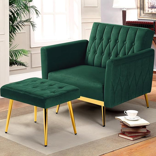 Velvet Accent Chair with Adjustable Armrests and Backrest, Button Tufted Lounge Chair, Single Recliner Armchair with Ottoman and Pillow for Living Room, Bedroom, Green