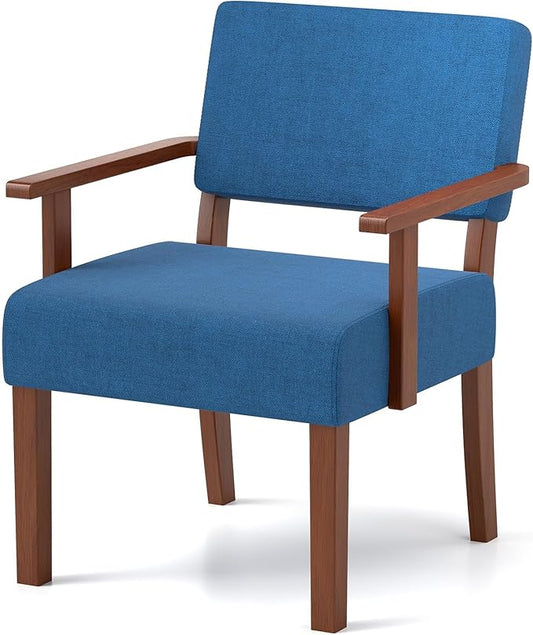 KOMFOTT Upholstered Accent Chair, Mid-Century Modern Armchair with Rubber Wood Frame, Linen Fabric Living Room Chair with Padded Seat & Backrest, Comfy Reading Chair for Bedroom, Waiting Room, Blue