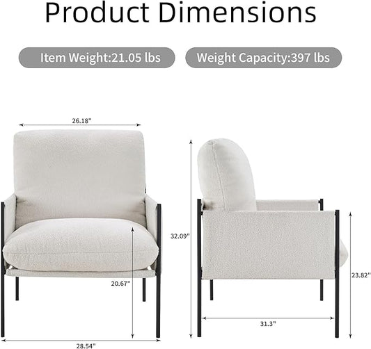 FLEXISPOT Accent Chair for Living Room,Arm Chair for Bedroom,with Wide Large Plus Size Cushion,Metal Frame,Reading Bedroom Chair Armchair for Home/Office/Cafe/Apartment/Waiting Room,White