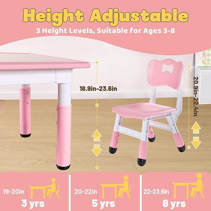 FUNLIO Kids Table and 2 Chairs Set, Height Adjustable Toddler Table and Chair Set for Ages 3-8, Easy to Wipe Arts & Crafts Table, for Classrooms/Daycares/Homes, CPC & CE Approved (3pcs Set) - Pink