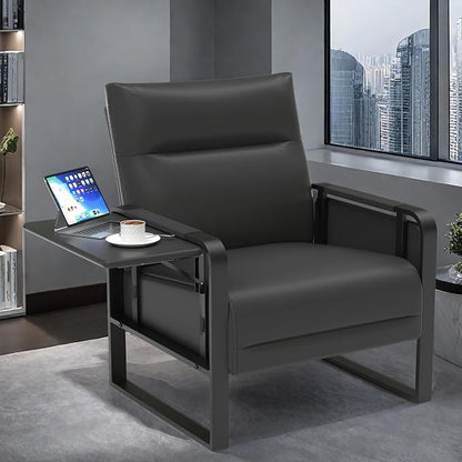 Faux Leather Accent Chair, Upholstered Armchair with Side Tray & Pocket, Comfy Reading Chair for Living Room, Bedroom, Guest Room, Black