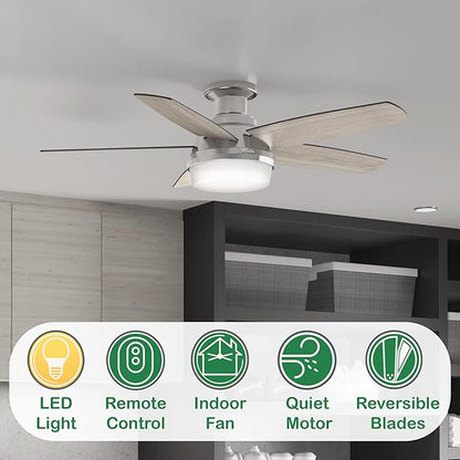 Hunter Fan 48 inch Low Profile Brushed Nickel Ceiling Fan with LED Light Kit and Remote Control (Renewed)