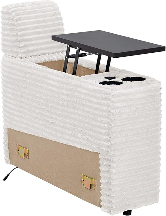ORRD Multifunctional Storage Console with Dual Cup Holders, Table, USB Charging Station for Modular Sectional Sofa for Living Room-White