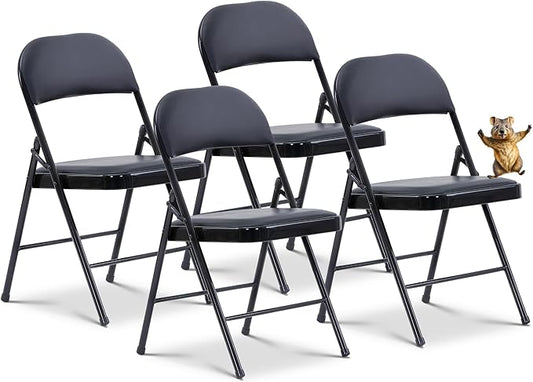 Oline Vinyl Folding Chairs, Padded Vinyl Cushion Chairs with Durable Metal Frame, Indoor Outdoor Stackable Foldable Guest Chairs for Office Wedding Kitchen Dining, 300lb Capacity (Black, 4 Pack)