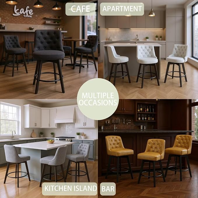 MINCETA Bar Stools Set of 2, 26 Inch Upholstered Barstools with Low Tufted Back and Footrest, Swivel Counter Height Barstools for Kitchen Island Home Bar Performance Fabric Greige