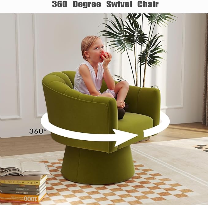 Swivel Accent Chair,Upholstered Velvet 360° Swivel Barrel Chair for Living Room Overstuffed Bouncle Reading Chair Round Armchair for Bedroom,Vanity,Office(Grass-Green)