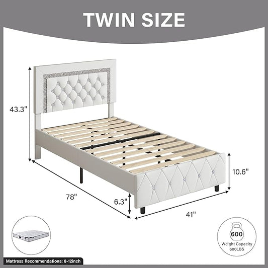 BarnFurin Twin Size Bed Frames, Upholstered Platform Bed with Button Tufted Headboard, Princess Platform Bed with Diamond Design, Wooden Slats Support, No Box Spring Required, Easy Assembly, White
