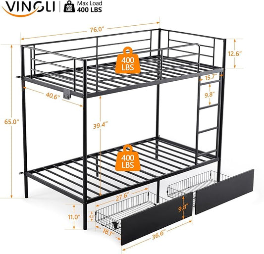 Karl home Metal Bunk Bed Twin Over Twin with 2 Storage Drawers, with USB Charging Station and LED Lighted, Safety Guardrail & Ladder, Easy Assembly, Space Saving, No Noise, No Box Spring Needed, Black