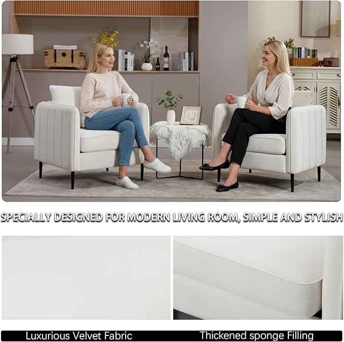Velvet Accent Chair, Comfy Upholstered Single Sofa Chair Mid-Century Modern Armchair with Thick Cushion and Wood Frame Side Chair for Living Room Bedroom Apartment (Ivory)