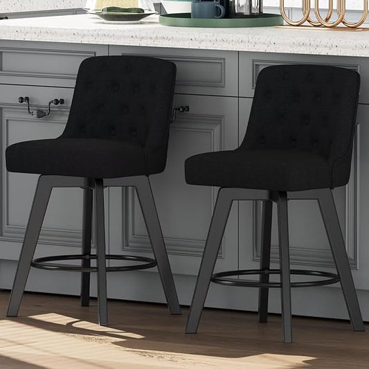 MINCETA Bar Stools Set of 2, 26 Inch Upholstered Barstools with Low Tufted Back and Footrest, Swivel Counter Height Barstools for Kitchen Island Home Bar Performance Fabric Black