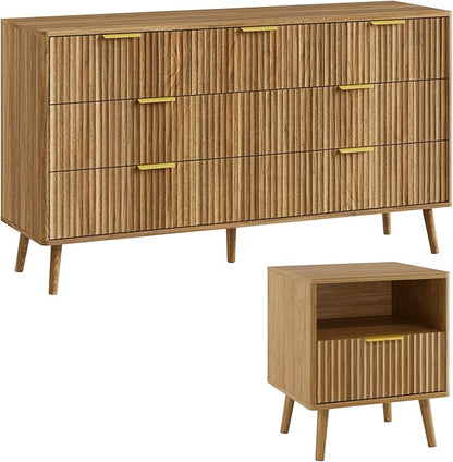 LYNSOM Fluted Dresser and Nightstand Sets 2 Piece, 1-Drawer Nightstands and 7-Drawers Dresser, Wood Bedroom Furniture Set for Home, Bedroom, Hallway, Natural Oak