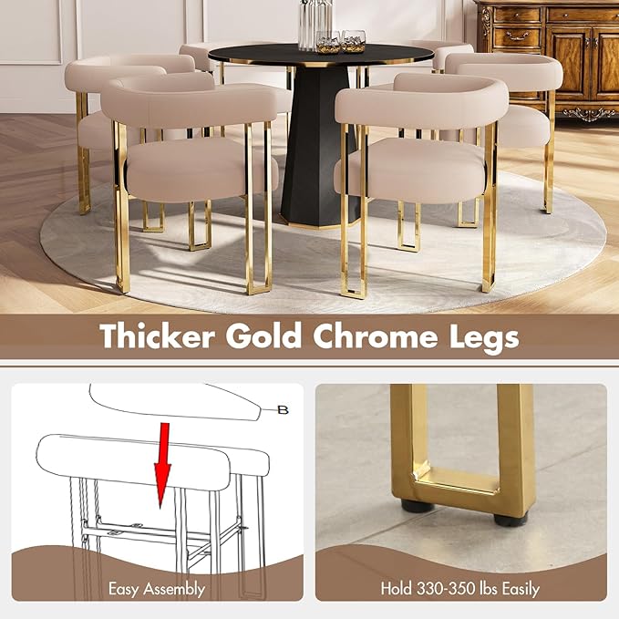 Velvet Dining Chairs Set of 6, Khaki Upholstered Barrel Armchairs with Gold Metal Legs for Kitchen Island, Mid Century Modern Accent Side Chairs for Dining Room and Living Room, Open-Back