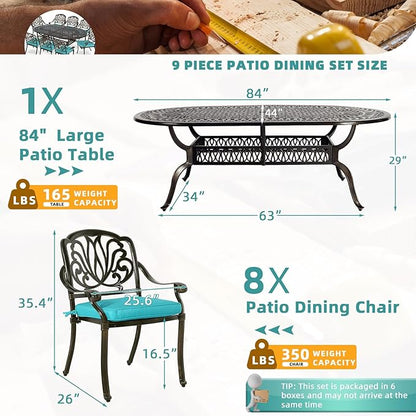 MEETWARM 9-Piece Outdoor Patio Dining Set, 8 Outdoor Dining Cushioned Chairs and 1 Oval Table with 2" Umbrella Hole, All Weather Cast Aluminum Patio Funiture Set for Backyard, Ocean Blue