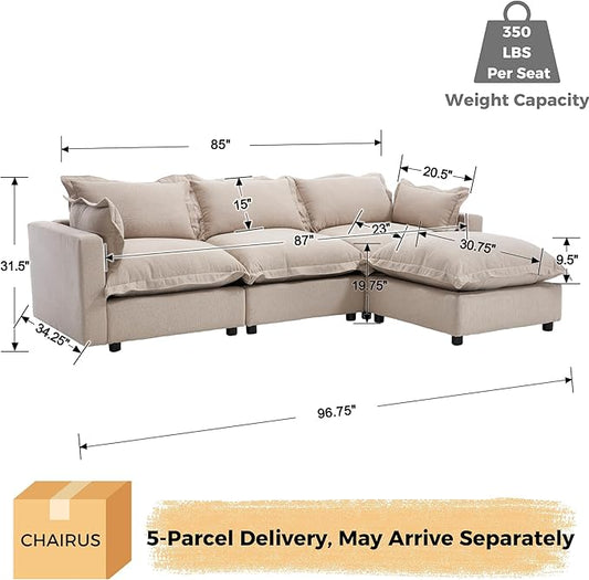 chairus 97" Modular Sectional Sofa with Moveable Ottoman Upholstered Deep Seat Linen Couch Set with Soft Pillows L-Shape Sofa Couch for Living Room, Apartment, Reception Room, 3-Seater/Oatmeal