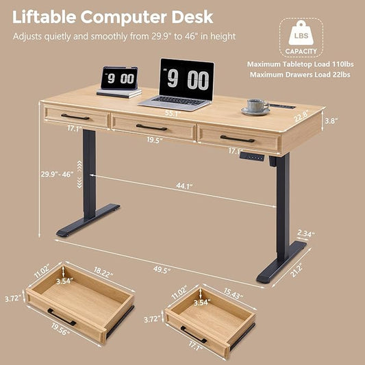 55x22 Inch Electric Standing Desk with One-Piece Desktop, Adjustable Height Computer Desk w/3 Storage Drawers & Power Outlets,Sit to Stand Up,Gaming Table for Home Office and Study, Natural Oak