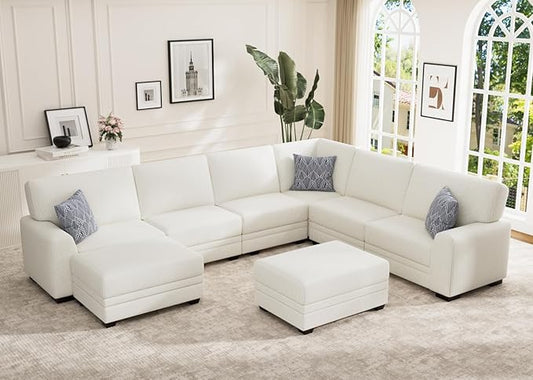 Wanderwell Oversized Modular Sectional Sofa, 8-Seater U Shaped Couches with Movable Ottoman,Corduroy Sectional Couch with Wide and Deep Seats Suitable for Living Room,Bedroom,Apartment (Cream, U-8)