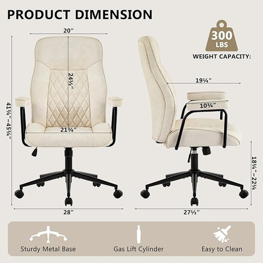 Leather Home Office Desk Chairs, Comfy Office Chair, Mid Century Modern Office Chair with Lumbar Support, Mid-Back Adjustable Swivel Computer Chair with Wheels and Arms, Beige