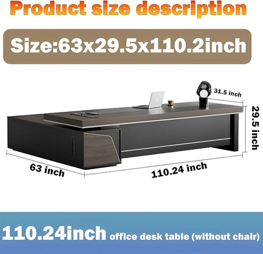 Modern Large Desk, Modern L-shaped Desk With Side Cabinets, Executive Desk With Combination Lock Drawer, Business Furniture Desk With Simple Cable Management (chair Not Included)(63x29.5x110inch)