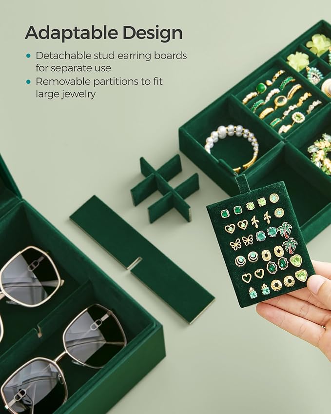 SONGMICS 2-Layer Jewelry Box, Jewelry Organizer with Handle, Removable Jewelry Tray, Jewelry Storage, Floating Effect, 8.1 x 9.4 x 4.3 Inches, Christmas Gift, Forest Green UJBC165C01