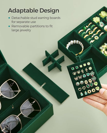 SONGMICS 2-Layer Jewelry Box, Jewelry Organizer with Handle, Removable Jewelry Tray, Jewelry Storage, Floating Effect, 8.1 x 9.4 x 4.3 Inches, Christmas Gift, Forest Green UJBC165C01