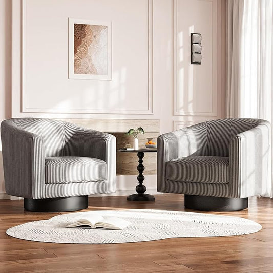 360° Swivel Accent Chairs Set of 2, Modern Bucket Chair, Corduroy Barrel Armchair, Comfy Boucle Chair, Single Sofa for Living Room Bedroom. Dark Grey