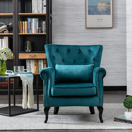 Accent Reading Arm Chairs Set of 2 for Living Room Bedroom, Midcentury Modern Comfy Corner Sofa Chair, Wingback Waiting Room Club Chair with Button Tufted Back &Lumbar Pillow, Velvet Teal