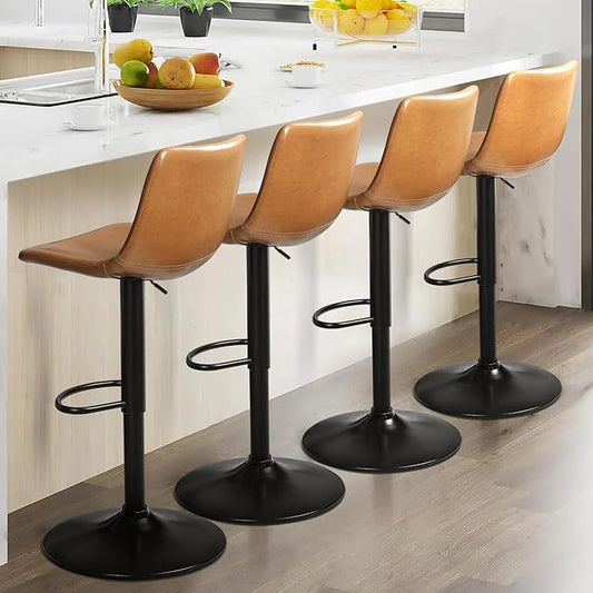 Lemebri Bar Stools Set of 4, Modern Adjustable Swivel Barstools Counter Height with Backrest, Faux Leather Upholstered Bar Chair for Kitchen Island, Whisky