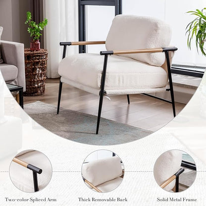 HEAH-YO Modern Accent Chair Set of 1, Upholstered Lambwool Living Room Chair with Backrests, Comfy Reading Armchair for Bedroom, White