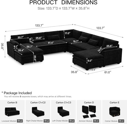 Belffin Large Modular Sectional Sofa with Double Deep Chaise and Loveseat, Corduroy U Shape Couch with 9" Soft Dual-Layer 9 Seats Cushion for Living Room, Apartment, Black