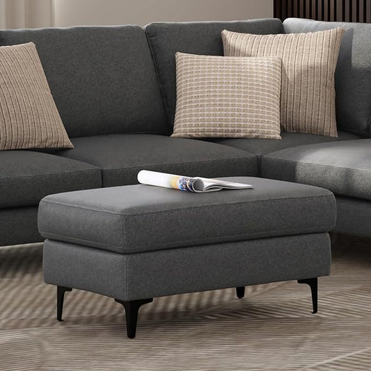 SIMPLIHOME Ava Ottoman in 100% Recycled Polyester Tightly Woven Performance Fabric, Pebble Grey, 36-inches Wide, Mid-Century Modern Multipurpose Table Ottoman or Footrest, Assembled, for Living Room