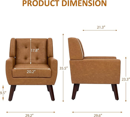 Faux Leather Accent Chairs Set of 2, Mid-Century Modern Upholstered Armchair, Comfy Living Room Chairs Reading Chairs with Button Tufted Back & Solid Wood Legs for Bedroom, Office, Brown