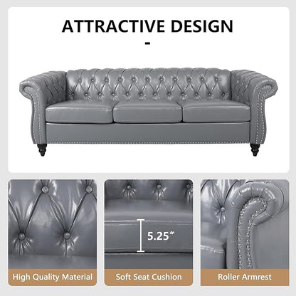 Faux Leather Sofa Couches Set, Modern Comfy Upholstered Couch with Cushions, Home Sofa Sectional Furniture Sets, 3-Piece Mid Century Tufted Chesterfield Couches for Living Room, Bedroom, Office