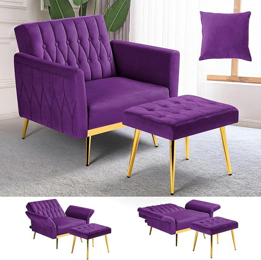 Velvet Accent Chair with Adjustable Armrests and Backrest, Button Tufted Lounge Chair, Single Recliner Armchair with Ottoman and Pillow for Living Room, Bedroom, Purpel