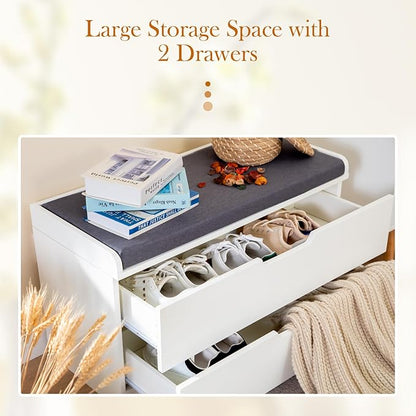 MFSTUDIO Large Shoe Storage Bench, White Wood Shoe Entryway Bench with Seating Padded Cushion, 2 Drawers, Freestanding Shoe Rack Organizer for Entryway Hallway Living Room, Grey Cushion
