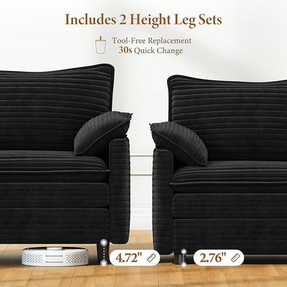 Vesgantti Large Modular Sectional Sofa, Big Comfy Cloud Couch with Ottoman Deep Seat Corduroy Cloud Sofa, 9 Seater Large Sectional Couches for Living Room, Bedroom and Apartment, Black