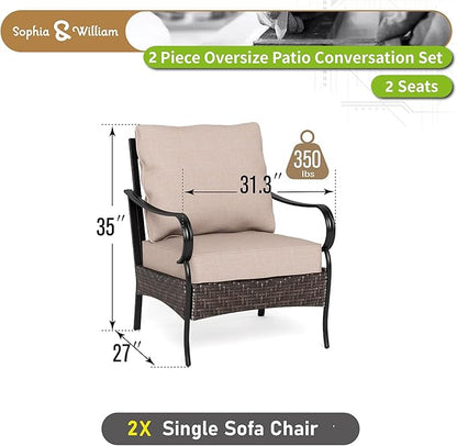 Sophia & William Extra Large Outdoor Patio Sofa Chairs Set 2 PCS Heavy-Duty Porch Furniture with High Back & Deep Seating Area, 5.5" Thicken Cushions for Deck, Lawn, Outside (Beige)