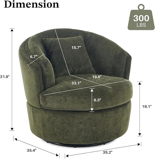 Swivel Accent Chair, 360 Degree Round Swivel Barrel Chair with Pillow, Widened Upholstered Comfy Barrel Armchair for Living Room Bedroom Reading Room, Green