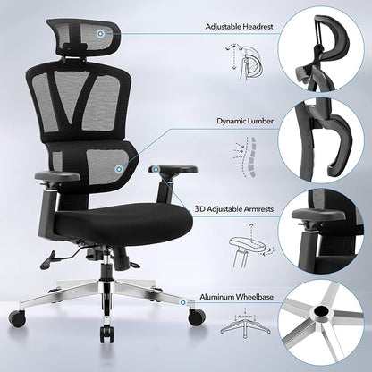Chair Master Ergonomic High Back Mesh Office Chair, 3D Armrest, Adjustable Headrest, Variable Tilt (Nylon Casters)