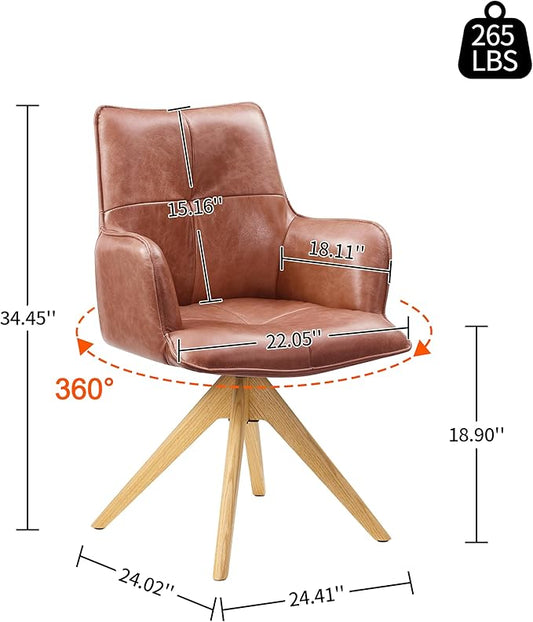 Art Leon Home Office Desk Chair - Genuine Leather Upholstered Accent Armchair, Mid Century Swivel Chair with Black Oak Wood Legs for Small Space Living Room Bedroom, Red Brown