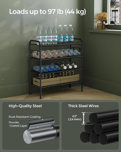 SONGMICS Shoe Rack, 4-Tier Shoe Organizer, Metal Shoe Shelf Storage with 4 Side Hooks, Holds 16 Pairs of Shoes, Height-Adjustable Shoe Rack for Entryway, Hallway, Closet, Easy Assembly, Ink Black