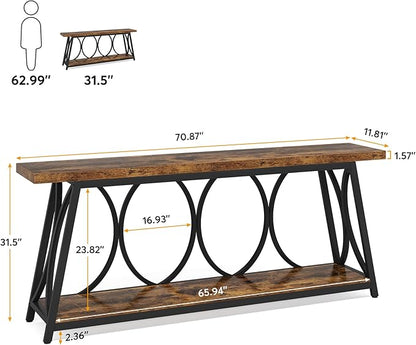 Tribesigns 2 Tiers Narrow Entryway Console Table, 71-Inch Long Industrial Wooden Sofa Table Behing The Couch with Storage Shelf and Metal Frame for Lving Room, Entrane, Hallway, Brown & Black