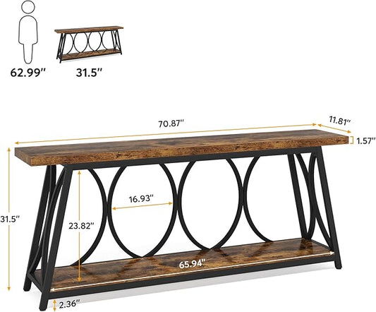Tribesigns 2 Tiers Narrow Entryway Console Table, 71-Inch Long Industrial Wooden Sofa Table Behing The Couch with Storage Shelf and Metal Frame for Lving Room, Entrane, Hallway, Brown & Black