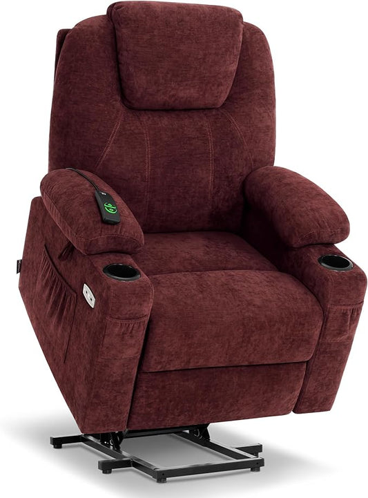 MCombo Power Lift Recliner Chair for Elderly, Lift Chair with Heat and Massage, USB&Type C Ports, Extended Footrest, Cup Holders, Fabric 7040 (Medium, Sangria)