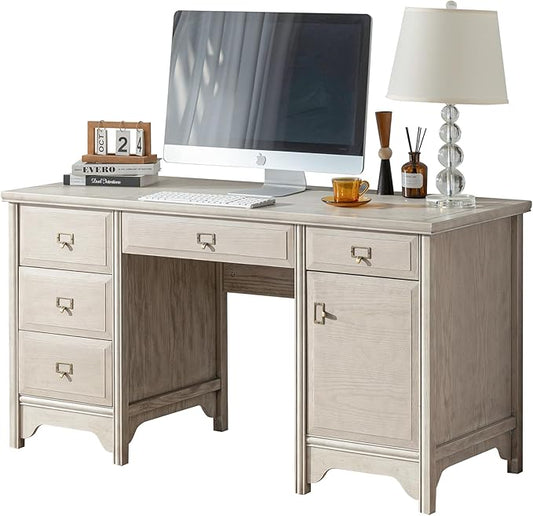 Chogori 55" Solid Wood Executive Desk, Farmhouse Office Computer Desk with 5 Drawers & Storage Cabinet, Wooden Writing Table for Home Office Study Bedroom,Gray