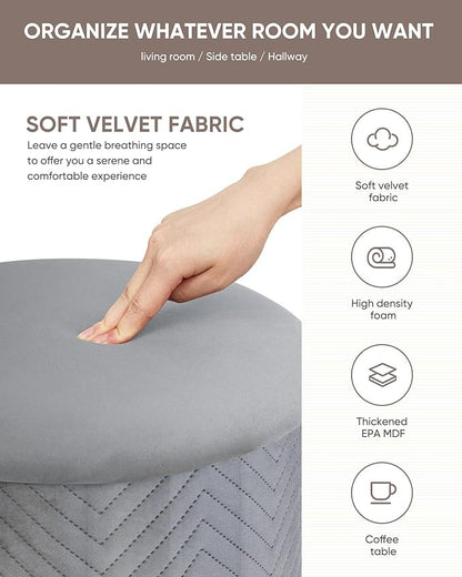 B FSOBEIIALEO Ottoman with Stroage, Round Velvet Storage Ottoman with Gold Plating Base,Foot Rest Stool for Dorm Room, Living Room Grey, 14.76"x14.76"x16.34"