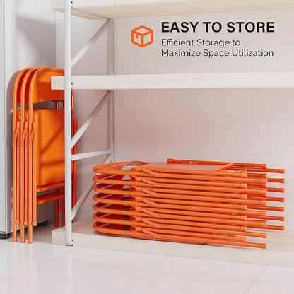 VINGLI Folding Chairs All Steel Metal Frame, Capacity 350 lbs, Durable Portable and Versatile for Indoor Outdoor Use, Orange, Set of 8