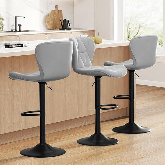 Bar Stools Set of 3,Adjustable Swivel Barstools, Faux Leather Bar Chairs,Upholstered Counter Height with High Backrest for Kitchen Island, Light Grey