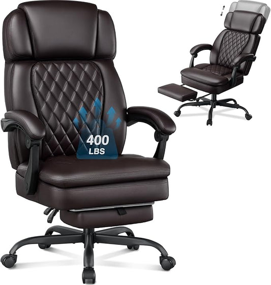 400lbs Executive Office Chair with Foot Rest for Heavy People, Ergonomic Big and Tall Desk Chair with Adjustable Headrest, High Back PU Leather Comfy Heavy Duty Computer Chair